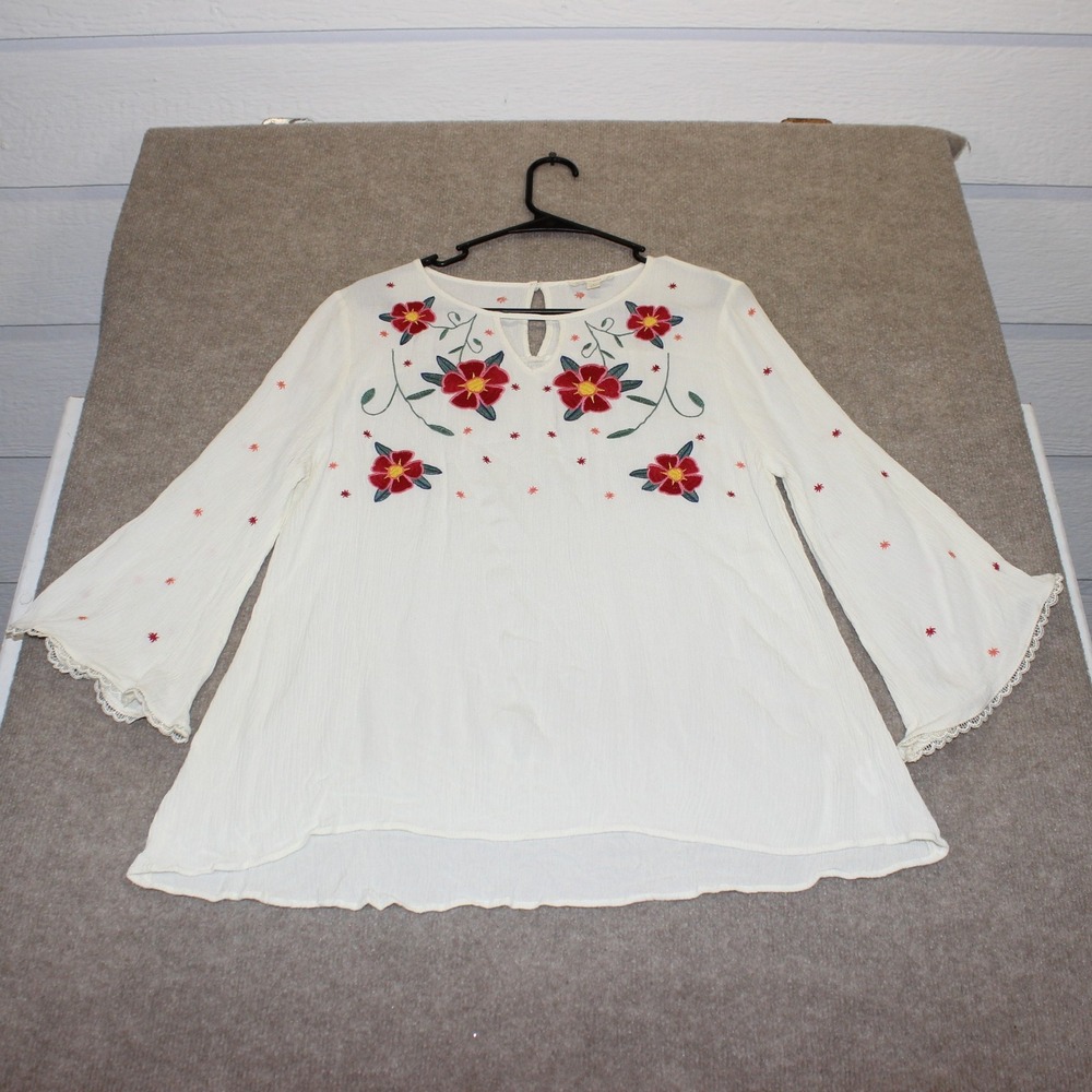Oddy Floral Embroidered Bell Sleeve Blouse Ivory Rayon Boho Top IT30507 Large